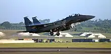 A 492d Fighter Squadron F-15E Strike Eagle from Lakenheath lifts off from the airfield's runway