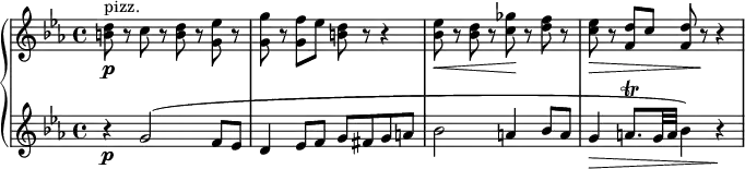 
{ \new PianoStaff <<
\new Staff \relative b' { \set Staff.midiInstrument = #"pizzicato strings" \key c \minor \clef treble \time 4/4 \set Score.tempoHideNote = ##t \tempo 4 = 50
  <b d>8 \p ^"pizz." r8 c8 r8 <b d>8 r8 <g es'>8 r8 | % 2
  <g g'>8 r8 <g f'>8 es'8 <b d>8 r8 r4 | % 3
  <bes es>8 \< r8 <bes d>8 r8 <c ges'>8 \! r8 <d f>8 r8 | % 4
  <c es>8 \> r8 <f, d'>8 c'8 <f, d'>8 r8 \! r4
  }
\new Staff \relative g' { \set Staff.midiInstrument = #"string ensemble 1" \key c \minor \clef treble \time 4/4
  r4 \p g2 ( f8 es8 | % 2
  d4 es8 f8 g8 fis8 g8 a8 | % 3
  bes2 a4 bes8 a8 | % 4
  g4 \> a8. \trill g32 a32 bes4 ) r4 \! }
>> }
