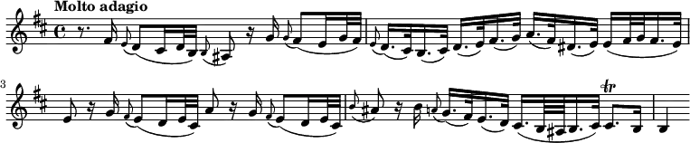 
\relative c' { \set Staff.midiInstrument = #"viola" \set Score.tempoHideNote = ##t \clef treble \key b \minor \time 4/4 \tempo "Molto adagio" 4 = 28 
r8. fis16 \appoggiatura e8 d( cis16 d32 b) \appoggiatura b8 ais r16 g' \appoggiatura g8 fis(e16 g32 fis) |
\appoggiatura e8 d16.(cis32) b16.(cis32) d16.(e32) fis16.(g32) a16.(fis32) dis16.(e32) e16(fis32 g fis16. e32) |
e8 r16 g \appoggiatura fis8 e(d16 e32 cis) a'8 r16 g \appoggiatura fis8 e(d16 e32 cis)|
\appoggiatura b'8 ais r16 b \appoggiatura a8 g16.(fis32) e16.(d32) cis16.(b64 ais b16. cis32) cis8. \trill b16|
b4
 }
