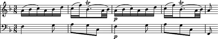 
<< <<
\new Staff { \clef treble \time 3/8 \key f \major 
    \set Staff.midiInstrument = "violin" \set Score.tempoHideNote = ##t 
    \relative c'' { 
    a16( bes c) a bes d |
    c( f) bes,8.\trill( a32 bes) |
    a16\p( bes c) a bes d |
    c( f) bes,8.\trill( a32 bes) |
    a8 }
}
\new Staff { \clef bass \time 3/8 \key f \major 
    \set Staff.midiInstrument = "cello"
    \relative c {
    f4 g8 | a g c, | f4\p g8 | a g c, | f, }
}
>> >>
\layout { indent = #0 }
\midi { \tempo 8 = 100 }
