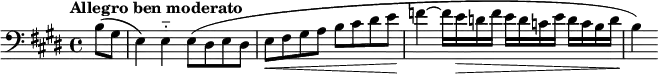 
\relative c' { \set Staff.midiInstrument = #"bassoon"
  \tempo "Allegro ben moderato"
  \tempo 4 = 116
  \clef bass
  \key e \major
  \time 4/4
  \partial4 b8( gis e4) e-_ e8( dis e dis e\< fis gis a b cis dis e\! f4~f16 e\> d f e d c e d c b d\! b4)
}
