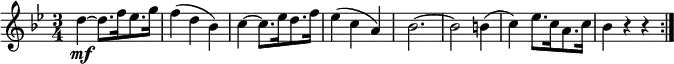  { \relative d'' { \key bes \major \time 3/4
d4~ \mf d8.[ f16 es8. g16)] | f4( d bes) | c4~ c8.[ es16 d8. f16)] | es4( c a) |
bes2.~ | bes2 b4( | c4 ) es8.[ c16 a8. c16] | bes4 r r \bar ":|." }} 