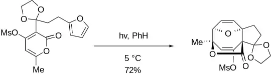 English: 4-mesyloxypyran-2-ones with pendent furans occurred with high exo selectivity, displaying stereochemical control exists in 4+4 photocycloaddition reactions.