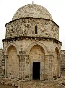 The Chapel of the Ascension in 2008, on the Mount of Olives in [Jerusalem. The Mount of Olives is where Jesus is alleged to have preached the Sermon on the Mount and the chapel the place from which he ascended to Heaven.