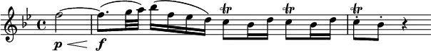  { \relative f'' { \key bes \major \time 4/4
\partial 2 f2~ \p \< | f8.( \f g32 a) bes16( f es d) c8 \trill bes16 d c8 \trill bes16 d | c8-. \trill bes-. r4 }} 