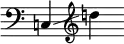 
     {
       \override SpacingSpanner.strict-note-spacing = ##t
       \set Score.proportionalNotationDuration = #(ly:make-moment 1/8)
       \clef bass \omit Score.TimeSignature
       \relative c{c!4 \glissando \clef treble d''!} 
     }
   