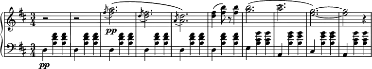 
 \relative b' {
  \new PianoStaff <<
   \new Staff { \key b \minor \time 3/4  \set Score.tempoHideNote = ##t \tempo 4 = 120
    \tempo \markup { \column { \line { Moderate waltz tempo } } }
    r2 s4 r2 s4 \slashedGrace fis'8( <fis a>2.\pp)\( \slashedGrace d8( <d fis>2.) \slashedGrace a8( <a d>2.)\) <d fis>4( <fis b>8) r <fis b>4 <g b>2.( <a cis>2. <e g>2.~) <e g>2 r4
   }
   \new Dynamics { }
   \new Staff { \key b \minor \time 3/4 \clef bass
    d,,4\pp <a' d fis> <a d fis> d, <a' d fis> <a d fis> d, <a' d fis> <a d fis> d, <a' d fis> <a d fis> d, <a' d fis> <a d fis> d, <a' d fis> <a d fis> e <a cis g'> <a cis g'> a, <a' e' g> <a e' g> cis, <a' e' g> <a e' g> a, <a' cis g'> <a cis g'>
   }
  >>
 }
