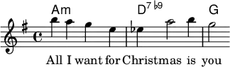 

<<

\new ChordNames {
  <a' c'' e''>1 <d' fis' a' c'' es''>1 <g' b' d''>2
}

\new Staff {
 \relative c''' {
   \key g \major
   \time 4/4 
   \tempo 4 = 150
   \set Score.tempoHideNote = ##t

   b4 a4 g4 e4 | es4 a2 b4 | g2
  }
 \addlyrics {
     All I want for Christ -- mas is you
   }
}


>>
