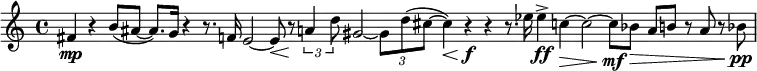 
{
\clef treble \key c \major \tempo 4=40 \set Staff.midiInstrument = "clarinet" {
      \set Score.tempoHideNote = ##t
      \override Score.BarNumber #'transparent = ##t
      \time 4/4
      \cadenzaOn
      \relative c' {
      fis4\mp r4 b8([ ais]~ ais8.)[ g16] r4 r8. f16 e2~ e8\< r8\! \tuplet 3/4 {a4 d8} gis,2~ \tuplet 3/4 {gis8[ d'( cis~]} cis4\<) r4\!\f r4 r8. es16 es4->\ff c4\>~ c2~ c8\mf[ bes\>] a[ b] r a r bes\pp \bar"|"}
      \cadenzaOff
    }
  }
