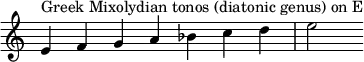  {
\override Score.TimeSignature #'stencil = ##f
\relative c' { 
  \clef treble \time 7/4
  e4^\markup { Greek Mixolydian tonos (diatonic genus) on E } f g a bes c d e2
} }
