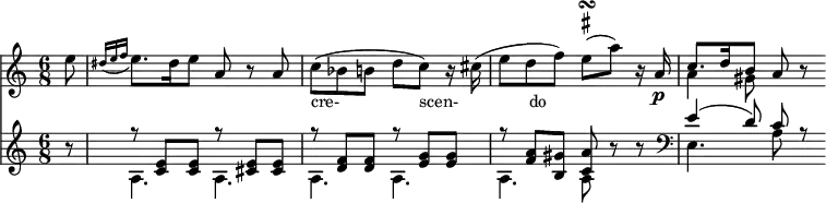 
<<
\relative a''
\new Staff {
\key a \minor
\time 6/8
\set Score.tempoHideNote = ##t
\tempo 8 = 120
\partial 8
e8
\grace { dis16 [ (e16 f 16] }
e8.) dis16 e8 a, r  a | c_"cre-                 scen-               do" (bes (b8
d c) r16 cis16) (e8
d f )
\once \override TextScript #'script-priority = #-100
e^\turn^\markup { \sharp }
(a) r16 a,16\p
 <<
      {
        \voiceOne
        c8. d16 b8
      }
      \new Voice {
        \voiceTwo
        a4 gis8
      }
    >>
    \oneVoice
a8 r8
}

\new Staff {
\set Staff.midiInstrument = #"fortepiano"
\set Staff.midiMaximumVolume = #0.3
r8
 <<
      {
        \voiceOne
r8 <c' e'>8 <c' e'>8  r8 <cis' e'>8 <cis' e'>8  r8 <d' f'>8 <d' f'>8  r8 <e' g'>8 <e' g'>8  r8 <f' a'>8 <b gis'>8 <c' a'>8 
      }
      \new Voice {
        \voiceTwo
a4. a a a
a a8
      }
    >>
\oneVoice
r8 r8
 <<
      {
        \voiceOne
e'4 (d'8) c' r
      }
      \new Voice {
        \voiceTwo
\clef "bass"
e4. a8
      }
    >>
}
>>
