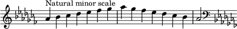  {
\override Score.TimeSignature #'stencil = ##f
\relative c'' {
  \clef treble \key aes \minor \time 7/4
  aes4^\markup { Natural minor scale } bes ces des es fes ges aes ges fes es des ces bes aes2
  \clef bass \key aes \minor
} }
