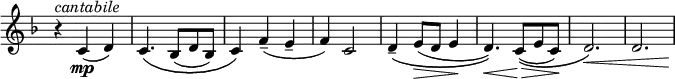 
\relative c' \new Staff \with { \remove "Time_signature_engraver" } {
 \key f \major \time 3/4 \tempo ""
 r4^\markup \italic cantabile c\mp ( d) c4.\( bes8( d bes) c4\) f--( e-- f) c2
 d4-- \( e8\> ( d e4\! d4.) \) \< c8( \> \( e c\! ) d2.\) \< d2.*5/6 s8\!
}
