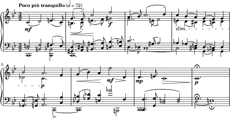 
{  \new PianoStaff <<
    \new Staff \relative c' { \clef treble \time 3/2 \key bes \major \tempo "Poco più tranquillo" 2 = 72 c2(\mf d) e4.( c8)-- << { \stemUp g'4.(\< f8--) c'2\! f\f | a,4.( bes8) c2.( d4--) | c\dim bes( a) g( f) g | bes2 a2.\p } \\ { \stemDown b,4.( c8--) e4.( f8) gis2 | f2.. e8( f2) | e4 d( cis) d( c) d | des2 c2. } >> f4 | g(\< bes) a\! f'2\mf\> d,4\! | d4.(\mp e8 c1\> | c1.\!\fermata\p }
    \new Staff \relative c { \clef bass \time 3/2 \key bes \major << { <e c>2 <f b,> fis4.( e8--) | <d gis,>4.( <dis a>8) <gis b,>4.( <a c,>8) <bes d,>4.( <b ees,>8) | c2.. gis8( a2) | aes4 ges( e) d( c) d | <ees ges,>4.( <e g,>8) <f a,>2. <a c,>4 | <b des,>( <des ges,>) <c e,> aes'2 f,4 | <f c,>4.( <g g,>8 <e c>2( <f d>) | g1.\fermata } \\ { c,,1 <bes' c,>2 | c,1. | d'4.( des8) c1~ | c2 cis4 g( aes) g | s1 c,2->~ | c1 b2 | c1 s2 | d'2( e1)\fermata } >> }
>> }
