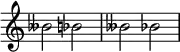  {
\override Score.TimeSignature #'stencil = ##f
\relative c'' {
  \clef treble \time 4/4 beses2 bes2 \accidentalStyle modern beses2 bes2
} }
