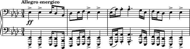 
 \relative c {
  \new PianoStaff <<
   \new Staff { \key aes \major \tempo "Allegro energico" \time 3/4 \clef bass
    es4-> es-> es16 des8 bes16 des8 es16 f es4-> es-> es16( aes) aes8-. aes4.-^ g16 es f es des8 es4-> es->
   }
   \new Dynamics {
    s2-\ff
   }
   \new Staff { \key aes \major \time 3/4 \clef bass
    <es, es,>4-> <es es,>-> <es es,>16 <des des,>8 <bes bes,>16
    <des des,>8 <es es,>16 <f f,> <es es,>4-> <es es,>->
    <es es,>16( <aes aes,>) <aes aes,>8-. <aes aes,>4.-^ <g g,>16 <es es,>
    <f f,> < es es,> <des des,>8 <es es,>4-> <es es,>->
   }
  >>
 }
