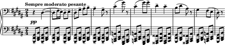 
{\new PianoStaff << 
\new Staff  \relative c'
{\clef bass \key gis\minor \set Score.tempoHideNote=##t \time 2/4 \tempo "Sempre moderato pesante"4=46 \override DynamicLineSpanner.staff-padding = #2.5 r4_\pp dis,4 ~(dis8 fis16 e16) dis8-- e8-- dis8-- gis8-- ais8-- b8-- ais4-- gis8-- r8 cis4-- (gis'8) r8 cis,4-- (gis'8) gis8-- dis4-- cis4-- b8 (dis8 ais8) r8 gis4 fis8 (e8 dis8) r8}
\new Staff \relative c{\clef bass \time 2/4 \key gis\minor
\repeat unfold 8{<gis, dis' gis>8-- <b dis b'>8}
\repeat unfold 2 {<a cis a'>8 <cis e cis'>8 <e, gis e'>8 <gis b gis'>8} <fisis ais fisis'>8 <ais dis ais'>8 <fisis ais fisis'>8 <ais dis ais'>8  <gis dis' gis>8 <b dis b'>8 <fisis ais fisis'>8 <ais cis ais'>8 
<gis b gis'>8 <b dis b'>8 <a cis a'>8 <cis e cis'>8 <gis dis' gis>8 <b dis b'>8}
>>}
