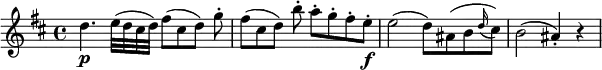 
\relative d'' {
\key b \minor \time 4/4
d4. \p e32( d cis d) fis8([ cis d)] g-. | fis8([ cis d)] b'-. a-. g-. fis-. e-. \f
e2( d8) ais( b \appoggiatura d16 cis8) | b2( ais4-.) r
} 