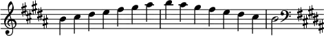  {
\override Score.TimeSignature #'stencil = ##f
\relative c'' {
  \clef treble \key b \major \time 7/4 b4 cis dis e fis gis ais b ais gis fis e dis cis b2
  \clef bass \key b \major } }