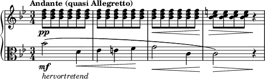 
\relative c'' {
  \new PianoStaff <<
    \new Staff {
      \set Staff.midiInstrument = #"piano" \key bes \major \clef treble \time 3/4 \set Score.tempoHideNote = ##t \tempo "Andante (quasi Allegretto)" 4 = 56
      <bes d f>8 \pp <bes d f>8 <bes d f>8 <bes d f>8 <bes d f>8 <bes d f>8 |
      <bes d f>8 <bes d f>8 <bes d f>8 <bes d f>8 <bes d f>8 <bes d f>8 |
      <bes d f>8 \< <bes d f>8 <bes d f>8 <bes d f>8 <bes d f>8 <bes d f>8 |
      <bes c e>8 \! \> <bes c e>8 <bes c e>8 <bes c e>8 r4 \! |
    }
    \new Staff {
      \set Staff.midiInstrument = #"piano" \key bes \major \clef alto \time 3/4
      bes2 \mf _\markup{ \italic { hervortretend } } ( d,4 \< |
      es4 e4 f4 \! |
      g2 \< c,4 |
      c2 \! \> ) r4 \! |
    }
  >>
}
