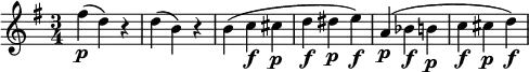 
\relative c'{
   \key g \major
   \time 3/4 
   \set Staff.midiInstrument = #"violin"

   \p fis'( d) r d( b) r b( c \f cis \p d \f dis \p e) \f a,( \p bes \f b \p c \f cis \p d \f)
}
