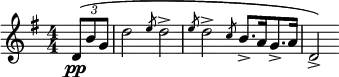  \relative c' { \set Score.tempoHideNote = ##t \tempo 4 = 88 \set Staff.midiInstrument = #"clarinet" \clef treble \key g \major \numericTimeSignature \time 4/4 \partial 4*1 \times 2/3 { d8(\pp b' g } | d'2 \slashedGrace { e8 } d2-> | \slashedGrace { e8 } d2-> \slashedGrace { c8 } b8.->[ a16 g8.-> a16] | d,2->) } 