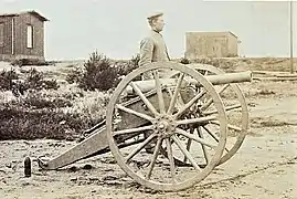 A 6 cm L/21 with ammunition boxes mounted.