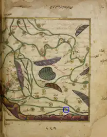 The 6th section of the 4th clime of Al-Idrisi's atlas. Showing upper Mesopotamia. Sixth section of the fourth clime from the oldest extant manuscript of al-Idrisi's Nuzhat al-mushtaq, copied c.1300.