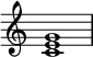 
{
\override Score.TimeSignature #'stencil = ##f
\relative c' {
   \clef treble
   \time 4/4
   \key c \major
   <c e g>1
} }
