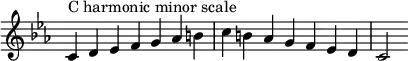  {
\override Score.TimeSignature #'stencil = ##f
\relative c' {
  \clef treble \key c \minor \time 7/4
  c4^\markup "C harmonic minor scale" d es f g aes b c b aes g f es d c2
} }

