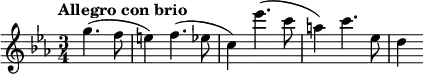 
\new Staff <<
  \relative c''{
  \clef treble
  \key ees \major
  \time 3/4
  \tempo "Allegro con brio" \tempo 2 = 80
  \partial 2 g'4. (f8 e4) f4. (ees8 c4) ees'4. (c8 a4) c4. ees,8 d4
}
>>
