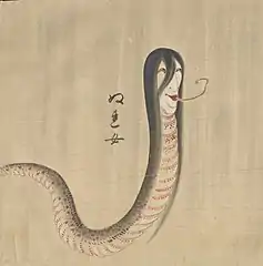 7 Nure-onna (ぬれ女) "wet woman" (alternate name Nure-yomejo) looks like a reptile with a snake-like body and a woman's head. Nure-onna tends to be a combination of sea serpent and vampire. She roams open waters such as oceans, rivers, and lakes, searching for her prey: humans and their blood. She is found in the regions of Kyūshū, Niigata and Fukushima. It is said that Nure-onna is married to or closely associated with Ushi-oni, and they work together as a team. Nure-onna hands her baby off to innocent strangers, then walks into the sea and disappears. The baby becomes incredibly heavy so that the victim cannot move. Ushi-oni then comes out of the water to attack and they feed on the prey together.