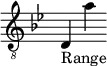 { \new Staff \with { \remove "Time_signature_engraver" } \clef "treble_8" \key bes \major d_"Range" a' }