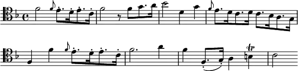   {
\relative c' { \clef tenor \key f \major
  f2 \grace f8 e8.-.[ d16-. e8.-. c16-.] | f2 r8 f8[ g8. a16] | bes2 d,4 g | \grace f8 e8.[ d16 c8. d16] c8.[ bes16 a8. g16] | f4 f' \grace f8 e8.-.[ d16-. e8.-. c16-.] | f2. a4 | f f,8.-.( g16-.) a4 b \trill | c2
} }
\layout { \context {\Score \omit BarNumber} line-width = #150 }
