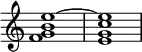 
{
    \override Score.TimeSignature #'stencil = ##f
    \relative c' {
        \time 4/4
        <f g b e~>1 <e g c e>
    }
}
