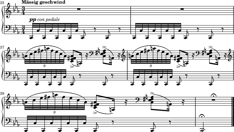 
{
      #(set-global-staff-size 17)
      <<
      \new PianoStaff <<
        \new Staff <<
           \tempo "Mässig geschwind"
           \clef treble \key c \minor \time 3/4
            \set Score.currentBarNumber = #35
            \bar ""
           \relative c'' {
                R2.
                R
                \tuplet 9/8 { a32([ c es fis a fis es c a)] } <c, es fis a>8->([ a16)] r \clef bass <c, es fis a>8->([ a16)] r \clef treble
                \tuplet 9/8 { a''32([ c es fis a fis es c a)] } <c, es fis a>8->([ a16)] r \clef bass <c, es fis a>8->([ a16)] r \clef treble
                \tuplet 9/8 { a''32([ c es fis a fis es c a)] } <c, es fis a>8->([ a16)] r \clef bass <c, es fis a>8->([ a16)] r
                R2.\fermata
                }
            >>
        \new Staff <<
           \clef bass \key c \minor \time 3/4
           \relative c, {
                c32^\markup {\dynamic pp \italic "con pedale" } c' c, c' c, c' c, c' c,8 r c r
                c32 c' c, c' c, c' c, c' c,8 r c r
                c32 c' c, c' c, c' c, c' c,8 r c r
                c32 c' c, c' c, c' c, c' c,8 r c r
                c32 c' c, c' c, c' c, c' c,8 r c r
                c2.\fermata \bar "|."
                }
            >>
    >>  >> }
