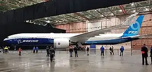 Twin-engine aircraft in hangar