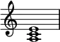 
{
\override Score.TimeSignature #'stencil = ##f
\relative c' {
   \clef treble 
   \time 4/4
   \key c \major
   <a c e>1
} }
