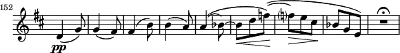 
\relative c' \new Staff \with { \remove "Time_signature_engraver" } {
 \key d \major \time 3/8
  \set Staff.midiInstrument = "violin"
  \set Score.tempoHideNote = ##t \tempo 4. = 76
  \set Score.currentBarNumber = #152 \bar "||"
  d4(\pp g8) g4( fis8) fis4( b8) b4( a8) a4( \( bes8)~ bes\< d f\! \) (~ f?\> e cis\! bes g e) R2*3/4\fermata }
