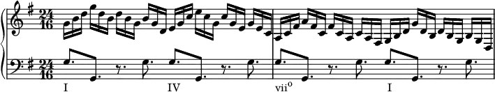 
    {
      #(set-global-staff-size 14)
      \override Score.SpacingSpanner.strict-note-spacing = ##t
      \set Score.proportionalNotationDuration = #(ly:make-moment 1/2)
      \new PianoStaff <<
        \new Staff <<
            \relative c'' {
                \clef treble \key g \major \time 24/16
                g16 b d g d b d b g b g d  
                e g c e c g c g e g e c  
                a c fis a fis c fis c a c a fis  
                g b d g d b d b g b g d
                }
            >>
        \new Staff <<
            \relative c' {
                \clef bass \key g \major \time 24/16
                g8.[_\markup { \concat { "I" \hspace #20.5 "IV" \hspace #19.5 "vii" \raise #1 \small  "o" \hspace #19.5 "I" } }
                g,] r g' g[ g,] r g' g[ g,] r g' g[ g,] r g'
                }
            >>
    >> }
