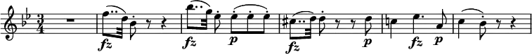 
\relative f'' { \key bes \major \time 3/4
R2. | f8..( \fz d32) bes8-. r r4 | bes'8..( \fz g32) es8-. es-.([ \p es-. es-.)]
cis8..( \fz d32) d8-. r r d \p | c!4 es4. \fz a,8 \p | c4( bes8-.) r r4
}
\layout { \context {\Score
  \override SpacingSpanner.common-shortest-duration = #(ly:make-moment 1/16)
} }  