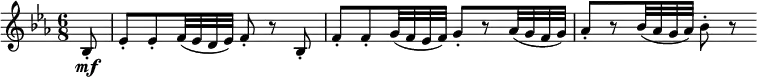  { \relative bes { \key es \major \time 6/8
\partial 8 bes8-. \mf | es8-. es-. f32( es d es) f8-. r bes,-. |
f'8-. f-.  g32( f es f) g8-.[ r as32( g f g)] | as8-.[ r bes32( as g as)] bes8-. r }} 