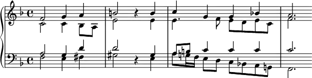 
{
  #(set-global-staff-size 14)
   \new PianoStaff <<
      \new Staff <<
         \new Voice \relative c' {
             \stemUp \clef treble \key f \major \time 4/4
             f2 g4 a
             b2 r4 b
             c4 g g bes!
             a2.
             }
         \new Voice \relative c' {
             \stemDown
              c2 c4 bes8 a
              e'2 s4 e
              e4. f8 e d e c
              f2.
              }
            >>
     \new Staff <<
         \new Voice \relative c' {
             \stemUp \clef bass \key f \major \time 4/4
             a2 g4 d'
             d2 r4 gis,
             a8 b c4 c c
             c2.
             }
         \new Voice \relative c {
             \stemDown
             f2 e4 fis
             gis2 s4 e
             a8 g!16 f e8 d c bes! a g!
             f2.
             }
         >>
    >>
}
