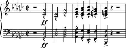 
\relative c' {
  \new PianoStaff <<
    \new Staff {
      \set Staff.midiInstrument = #"piano" \key ges \major \clef treble \time 2/2 \set Score.tempoHideNote = ##t \tempo 4 = 90
      r2 <bes des ges>2 \ff _^ |
      <ges ces>2 _^ <des' ges>2 _^ |
      <ces es as>4 _^ <bes des ges bes>4 _^ <ces ges' ces>4 _^ <c f a>4 _^ |
      <bes d f bes>4 -> r4 r2 |
    }
    \new Staff {
      \set Staff.midiInstrument = #"piano" \key ges \major \clef bass \time 2/2
      r2 <ges, des'>2 \ff _^ |
      <ces es>2 ^^ <bes des ges>2 ^^ |
      <as es' as>4 ^^ <ges ges'>4 _^ <es es' ges>4 _^ <f f'>4 _^ |
      <bes, bes' f'>4 -> r4 r2 |
    }
  >>
}
