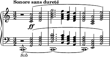 
    {
      \new PianoStaff <<
        \new Staff <<
            \relative c' {
                r2 <c e g c>(\ff <d f a d>
                <g b d g>2. <f a c f>4 <e g b e> <d f a d>
                <d f a d>2 <a c e a> <e' g b e>2)
                }
            >>
        \new Staff <<
            \new Voice \relative c {
                \stemUp \clef bass \key c \major \time 3/2 \tempo "Sonore sans dureté"
                r2 <g c e g>^( <a d f a>
                <d g b d>2. <c f a c>4 <b e g b> <a d f a>
                <a d f a>2 <e a c e> <b' e g b>)
                }
            \new Voice \relative c, {
                \stemDown
                c1.-^_--~_\markup { \italic "8vb" } c~ c
                }
            >>
    >> }
