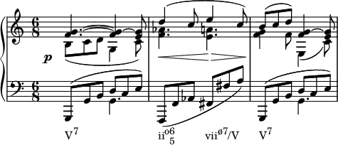  {
   #(set-global-staff-size 16)
   \new PianoStaff <<
      \new Staff <<
         \new Voice \relative c' {
             \stemUp \clef treble \key c \major \time 6/8
             <f g>4.^~ <f g>4^~ <e g>8
             d'4^( c8 e4 c8)
             b^( c d) <f, g>4^~ <e g>8
             }
         \new Voice \relative c' {
             \stemDown
              \override DynamicText.X-offset = #-4
              \override DynamicLineSpanner.staff-padding = #4
              b8_(\p c d g,4 c8)
             <f aes>4.\< <e a>4.\>
             <f g>4\! f8 e,4_( c'8)
              }
            >>
     \new Staff <<
         \new Voice \relative c, {
             \clef bass \key c \major \time 6/8
             \stemUp g8^( g' b d c e)
             \stemNeutral f,,( f' aes fis fis' a)
             \stemUp g,,8^( g' b d c e)
             }
         \new Voice \relative c {
             \stemDown
             s4._\markup { \concat { "V" \raise #1 \small "7" \hspace #16 "ii" \raise #1 \small "o" \combine \raise #1 \small 6 \lower #1 \small 5 \hspace #6 "vii" \raise #1 \small "ø7" "/V" \hspace #4 "V" \raise #1 \small "7" } } g s2. s4. g
             }
         >>
    >>
}
