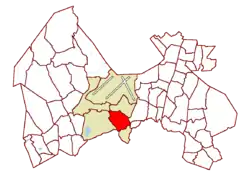 Location on the map of Vantaa, with the district in red and the Aviapolis major region in light brown