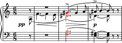 
    {
      \new PianoStaff <<
        \new Staff <<
            \new Voice \relative c'' {
                \clef treble \key a \minor \time 6/8
                \voiceOne \partial8 b8\rest R2. \once \override NoteHead.color = #red gis4.->(~ gis4 a8 ais8-> b4~ b8) \oneVoice r r
                }
            \new Voice \relative c' {
                \override DynamicLineSpanner.staff-padding = #4.5
                \once \override DynamicText.X-offset = #-5
                \voiceTwo \partial8 a\pp( f'4.~\< f4 e8 \once \override NoteHead.color = #red dis2.)(\> d!4.)~\p d8
                }
            >>
        \new Staff <<
            \relative c {
                \clef bass \key a \minor \time 6/8
                \partial8 r8 R2. \once \override NoteHead.color = #red <f b>2.( <e gis>4.)~ <e gis>8 r r
                }
            >>
    >> }
