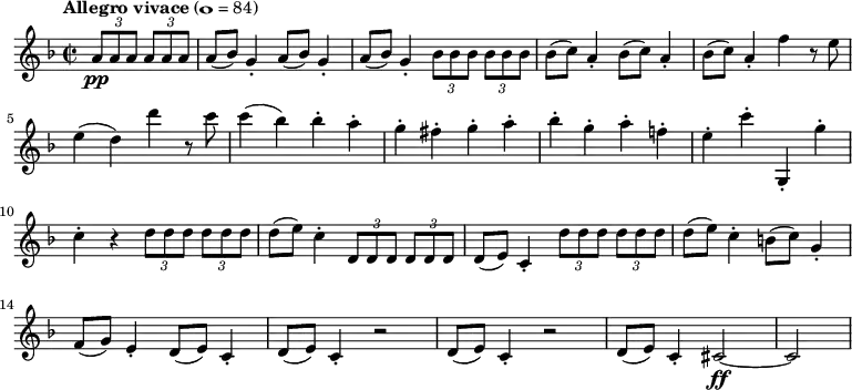 \version "2.14.1"
\layout {
	#(layout-set-staff-size 16)
}
\relative c'' {
	\new Staff {
		\tempo "Allegro vivace" 1 = 84
		\key f \major
		\time 2/2
		\partial 2 \tuplet 3/2 { a8\pp[ a a] } \tuplet 3/2 { a[ a a] }
		\repeat unfold 3 { a( bes) g4-. } \repeat unfold 2 { \tuplet 3/2 { bes8[ bes bes] } }
		\repeat unfold 3 { bes( c) a4-. } f' r8 e \break
		e4( d) d' r8 c
		c4( bes) bes-. a-.
		g-. fis-. g-. a-.
		bes-. g-. a-. f!-.
		e-. c'-. g,,-. g''-. \break
		c,-. r \repeat unfold 2 { \tuplet 3/2 { d8[ d d] } }
		d( e) c4-. \repeat unfold 2 { \tuplet 3/2 { d,8[ d d] } }
		d( e) c4-. \repeat unfold 2 { \tuplet 3/2 { d'8[ d d] } }
		d( e) c4-. b8( c) g4-.
		f8( g) e4-. d8( e) c4-.
		\repeat unfold 2 { d8( e) c4-. r2 }
		d8( e) c4-. cis2~\ff cis \bar "|"
	}
}