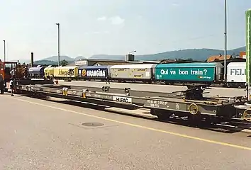 Part of the Hupac jumbo wagon that is set up to transport a semi-trailer